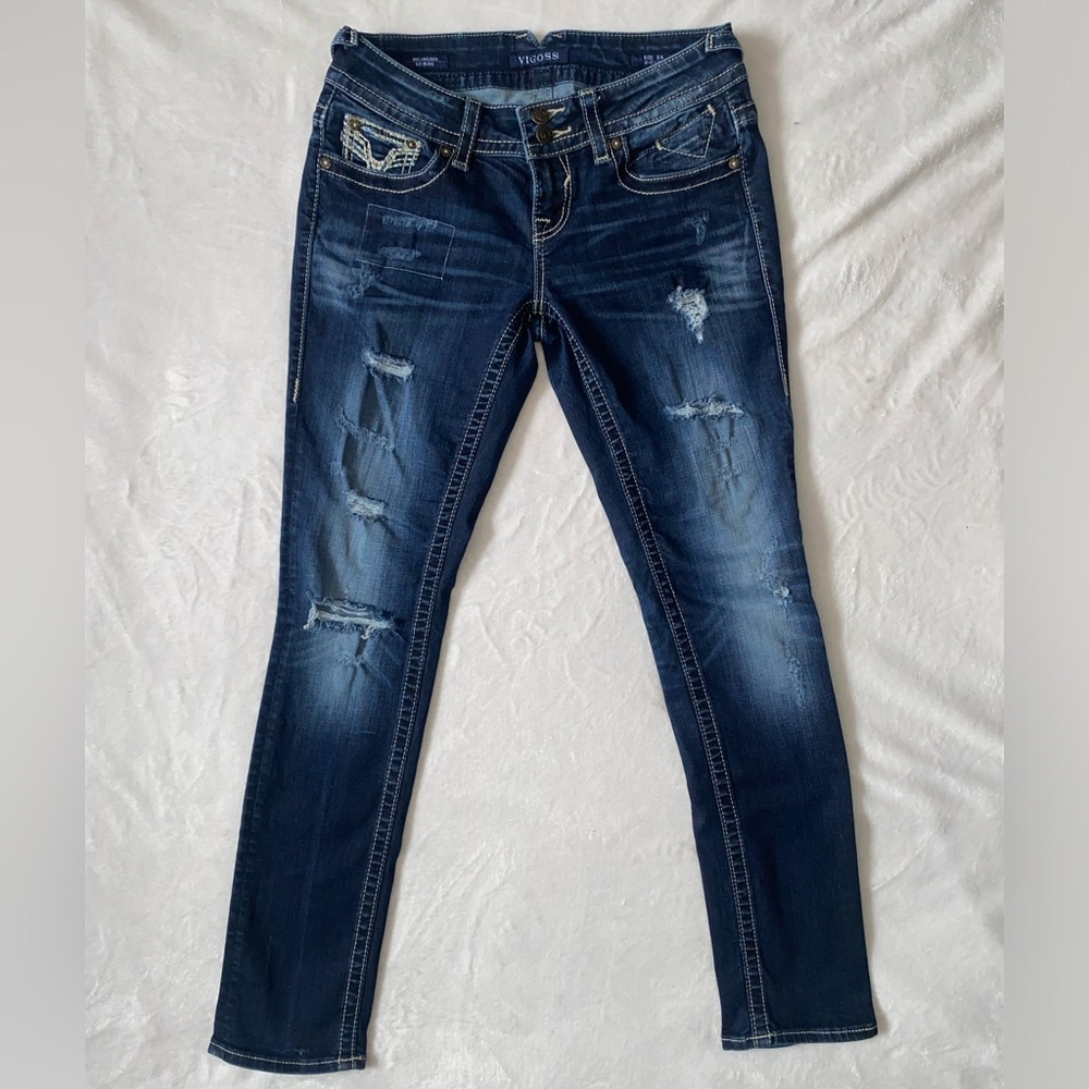 3/4 Vigoss Dark Blue Stretchy Distressed Boyfriend Jeans & Embroidered Pockets